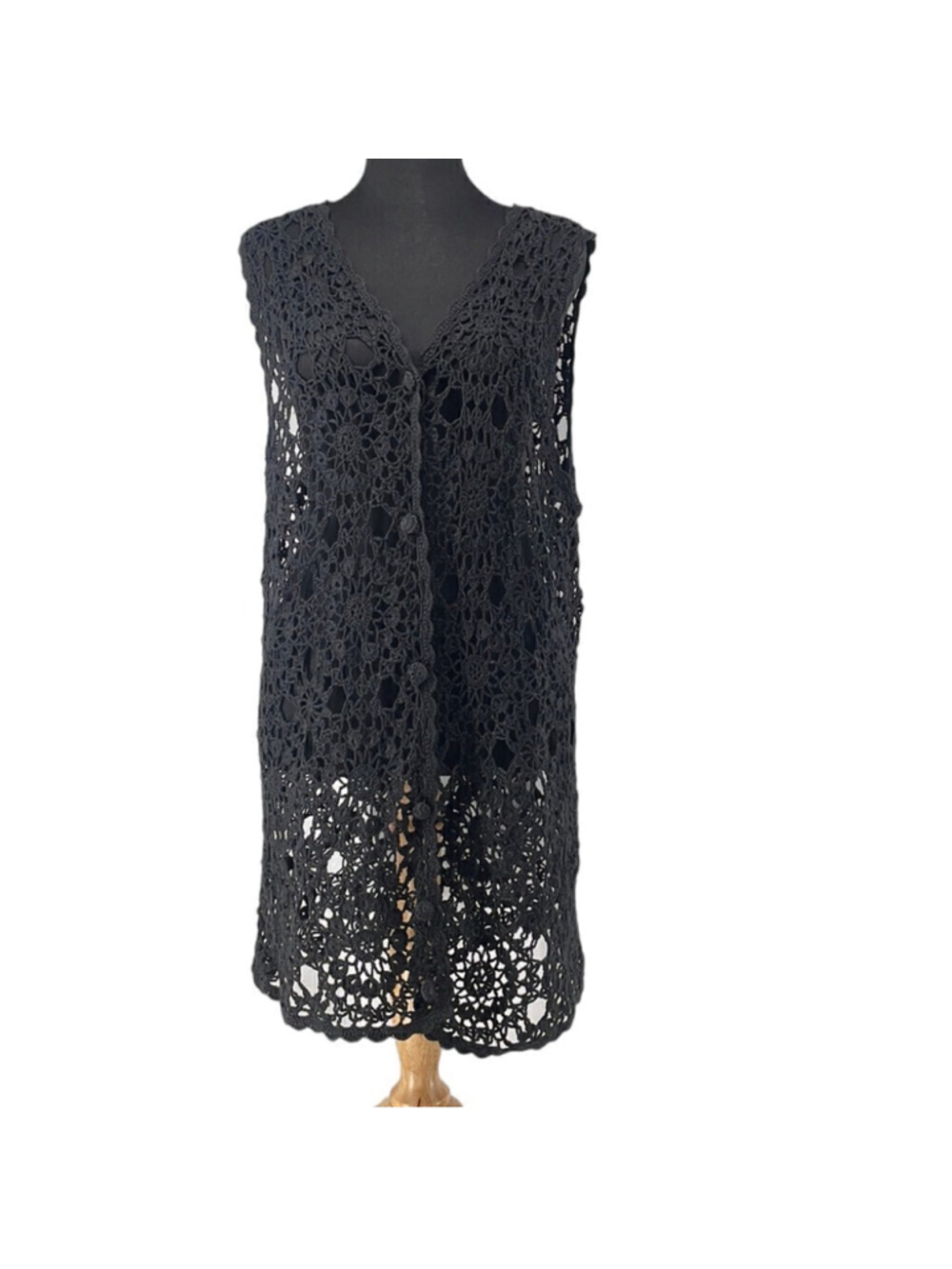 Crocheted vest duster button front boho festival hippie sz small